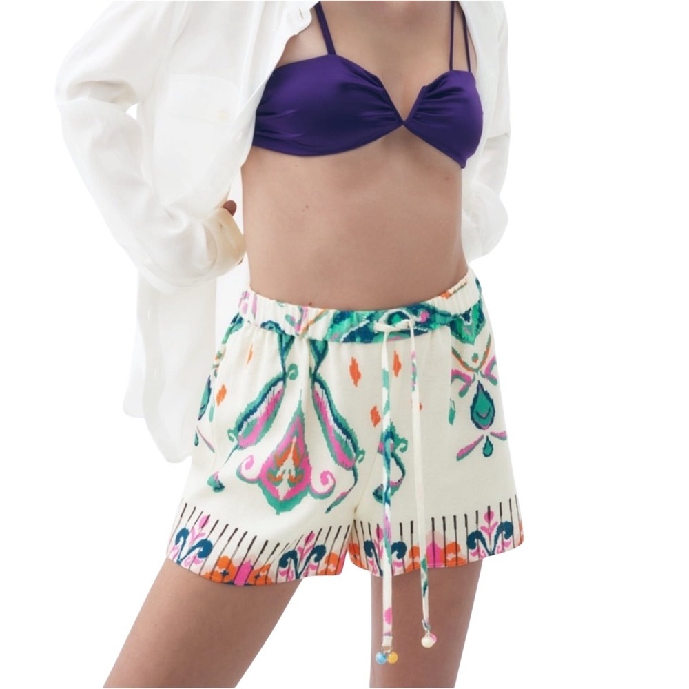 Zara Linen Print Shorts Boho Pom Pom Drawstring Waist Casual Summer XS